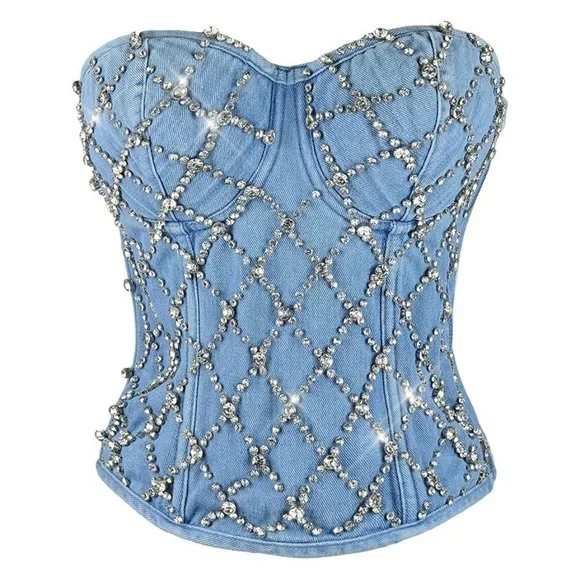 NEW Sparkling Bling Swarovski Crystal Rhinestone Denim Jeans Bustier Bra…